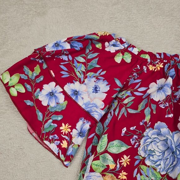 Floral Off Shoulder Blouse Medium Red Blue Flower Pattern Shein Ruffle Sleeve - Picture 2 of 10